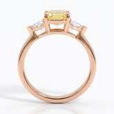 Fancy Vivid Yellow radiant lab-grown diamond three-stone ring with trillion side diamonds in 18K (750) rose gold, front view 