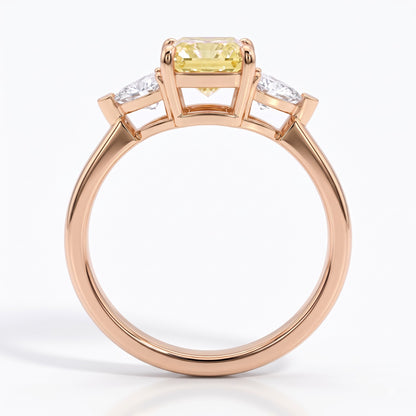 Fancy Vivid Yellow radiant lab-grown diamond three-stone ring with trillion side diamonds in 18K (750) rose gold, front view 