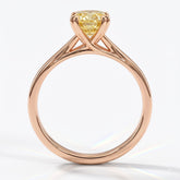 Fancy Vivid Yellow cushion lab-grown diamond split shank ring in 14K (585) rose gold, front view 