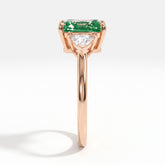 Fancy Vivid Green radiant lab-grown diamond three-stone ring with trillion side diamonds in 14K (585) rose gold, side profile 
