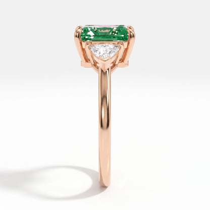 Fancy Vivid Green radiant lab-grown diamond three-stone ring with trillion side diamonds in 14K (585) rose gold, side profile 