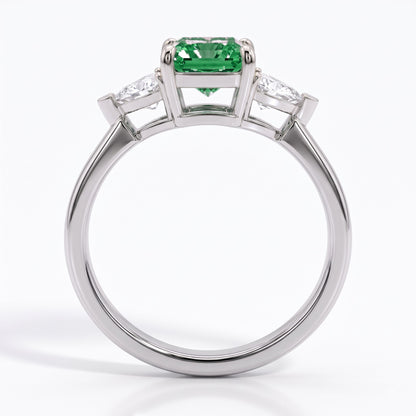 Fancy Vivid Green radiant lab-grown diamond three-stone ring with trillion side diamonds in 18K (750) white gold, front view 
