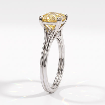 Fancy Vivid Yellow cushion lab-grown diamond split shank ring in 18K (750) white gold, side profile 