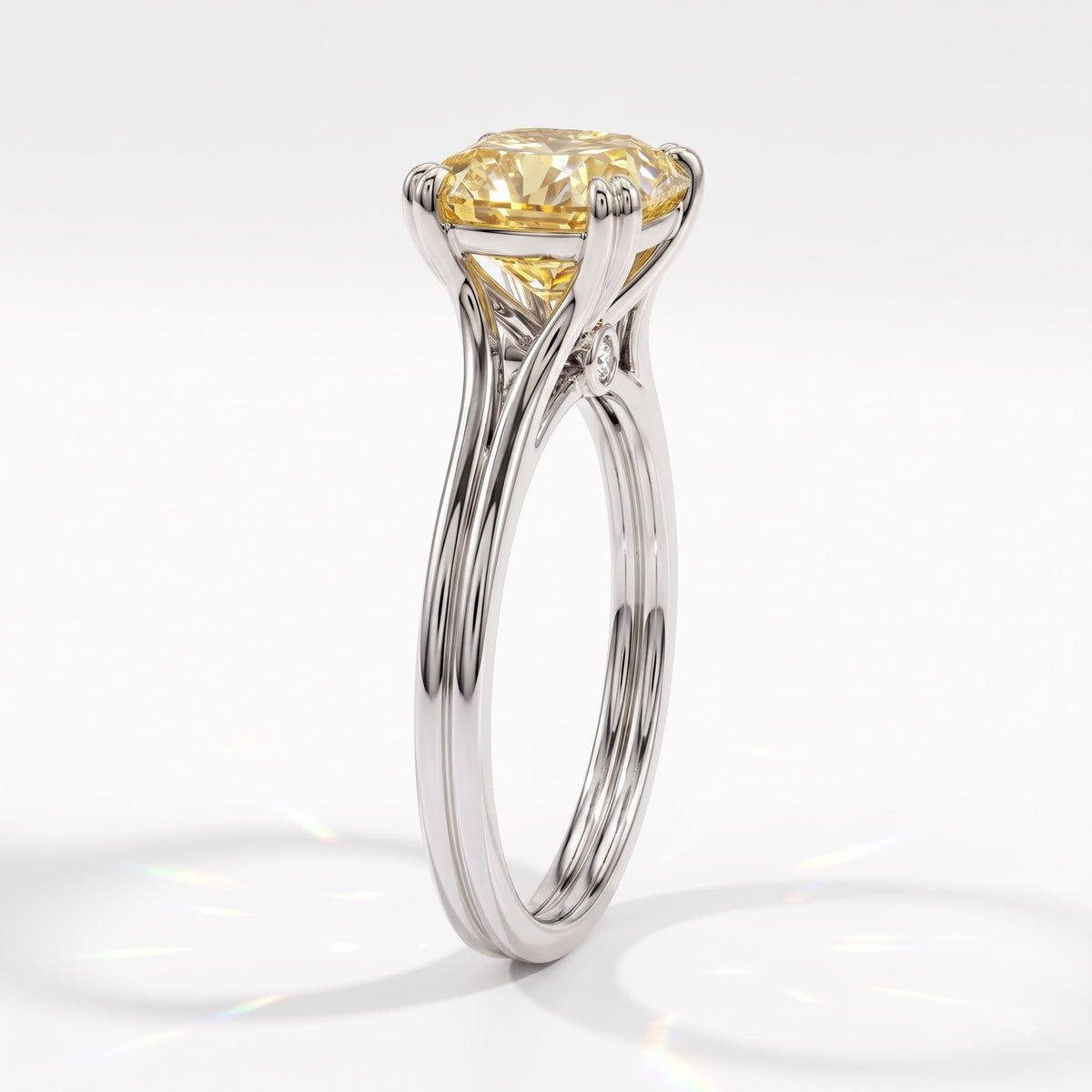 Fancy Vivid Yellow cushion lab-grown diamond split shank ring in 950 platinum, side profile 