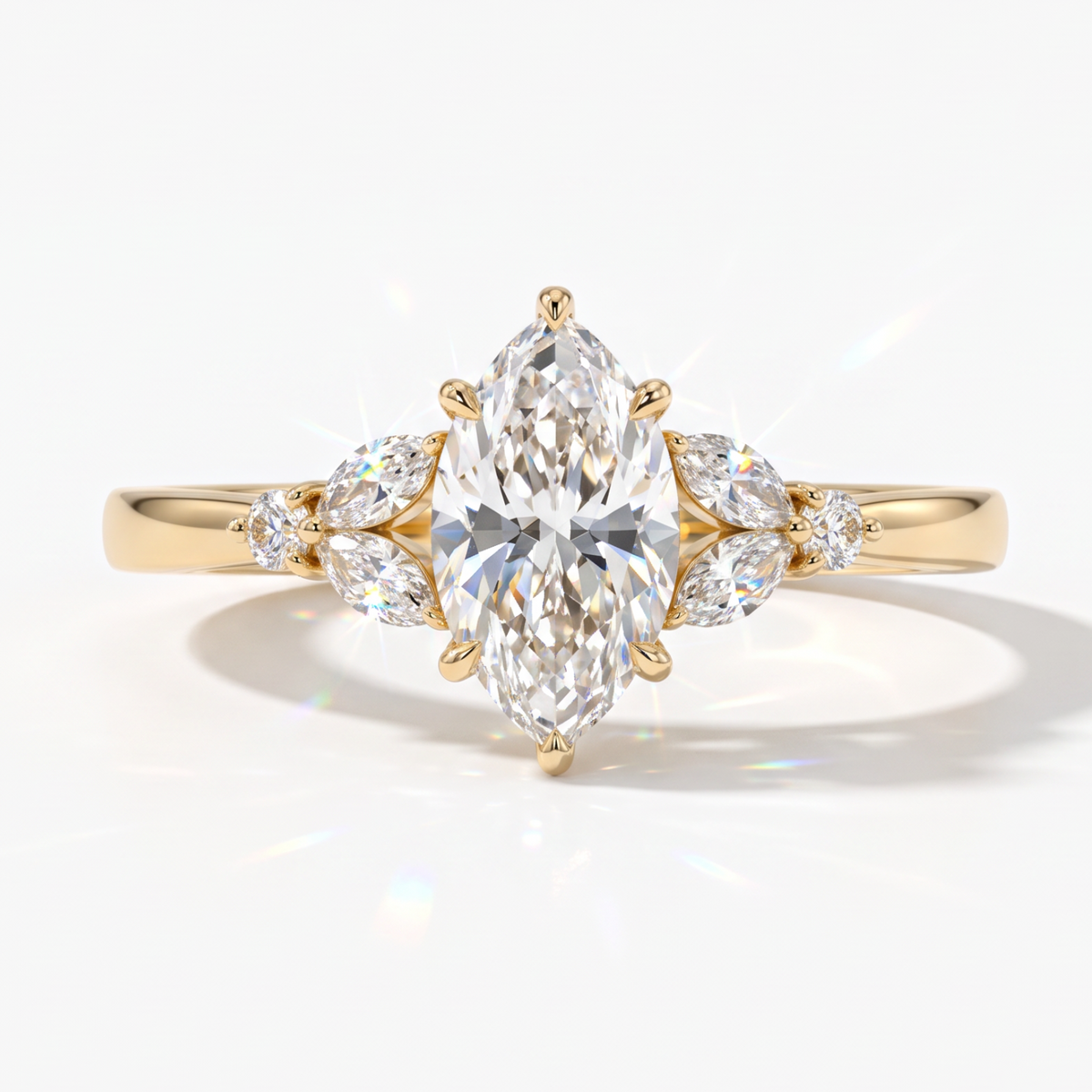 Marquise cut lab-grown diamond leaf cluster engagement ring with marquise and round accents in 14K (585) yellow gold, front view 