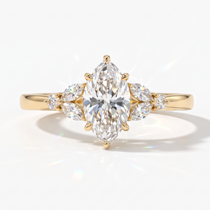 Marquise cut lab-grown diamond leaf cluster engagement ring with marquise and round accents in 14K (585) yellow gold, front view 