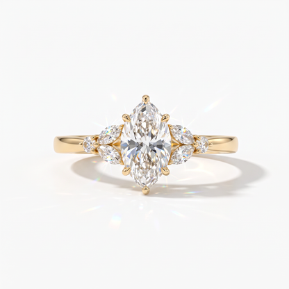 Marquise cut lab-grown diamond leaf cluster engagement ring with marquise and round accents in 18K (750) yellow gold, front view 