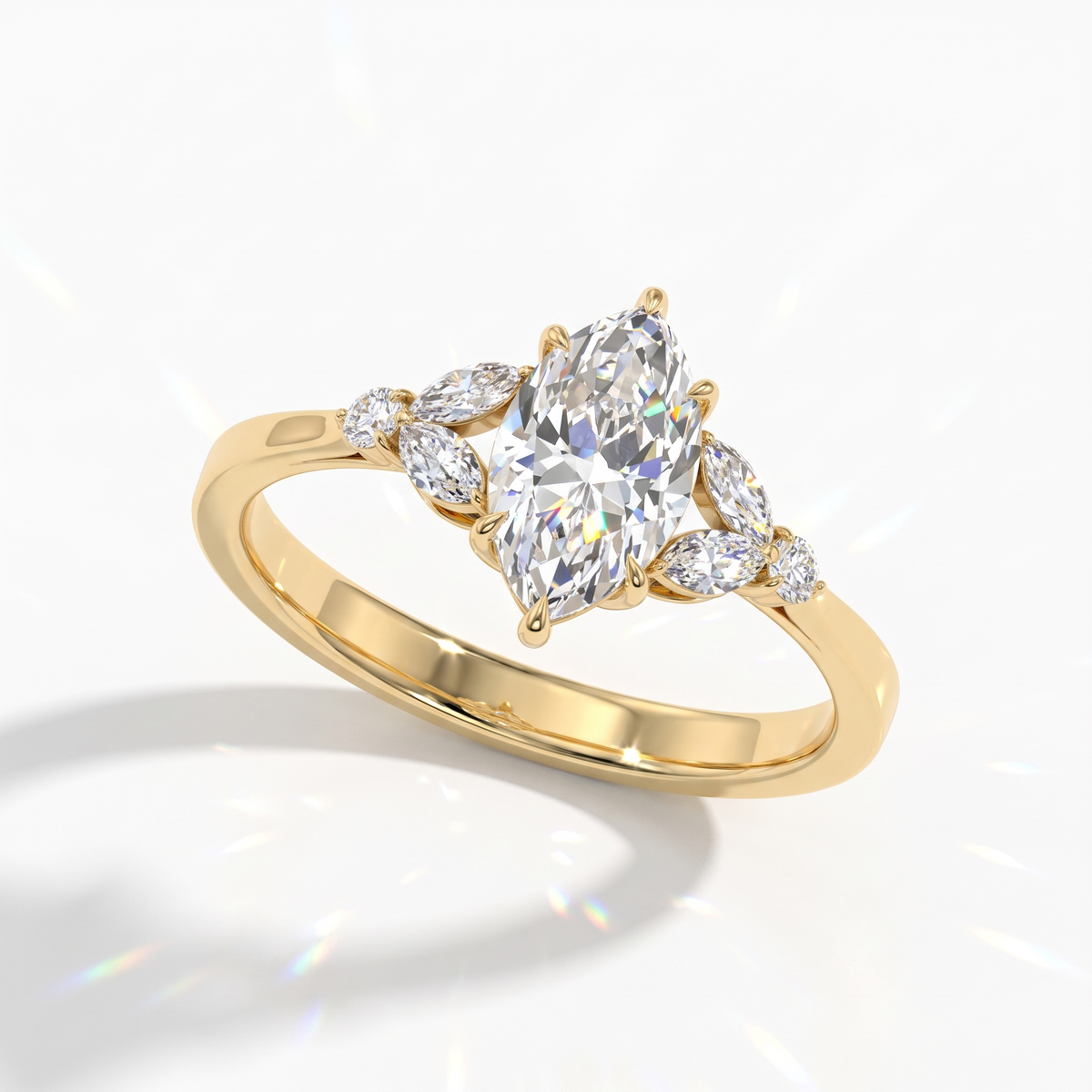 Marquise cut lab-grown diamond leaf cluster engagement ring with marquise and round accents in 18K (750) yellow gold, angled view 