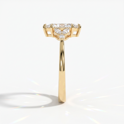 Marquise cut lab-grown diamond leaf cluster engagement ring with marquise and round accents in 14K (585) yellow gold, side view 