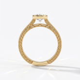 Pear cut lab-grown diamond vintage bezel engagement ring with hand-engraved milgrain band in 14K (585) yellow gold, upright profile view 