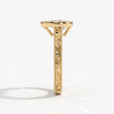 Pear cut lab-grown diamond vintage bezel engagement ring with hand-engraved milgrain band in 14K (585) yellow gold, side view 