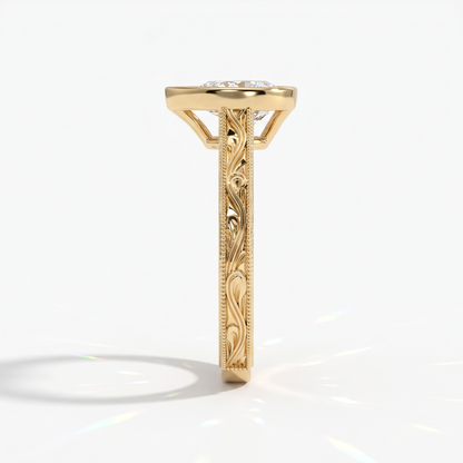 Pear cut lab-grown diamond vintage bezel engagement ring with hand-engraved milgrain band in 14K (585) yellow gold, side view 