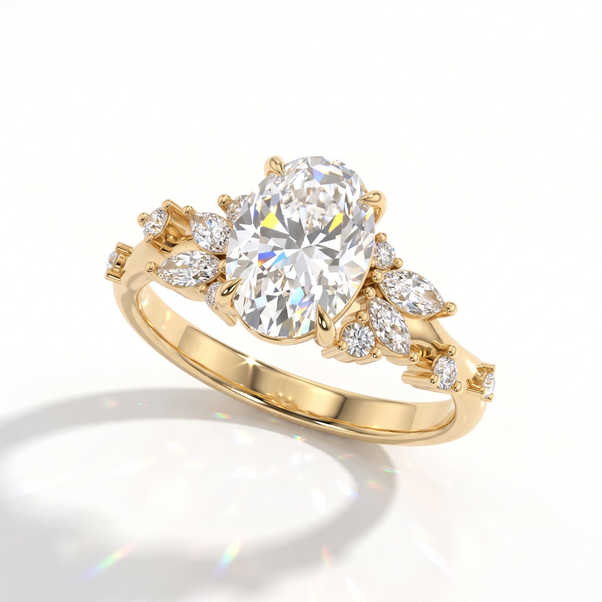 Oval lab-grown diamond cluster engagement ring with marquise and round leaf accents in 14K (585) yellow gold, angled view 