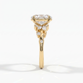 Oval lab-grown diamond cluster engagement ring with marquise and round leaf accents in 14K (585) yellow gold, side view 
