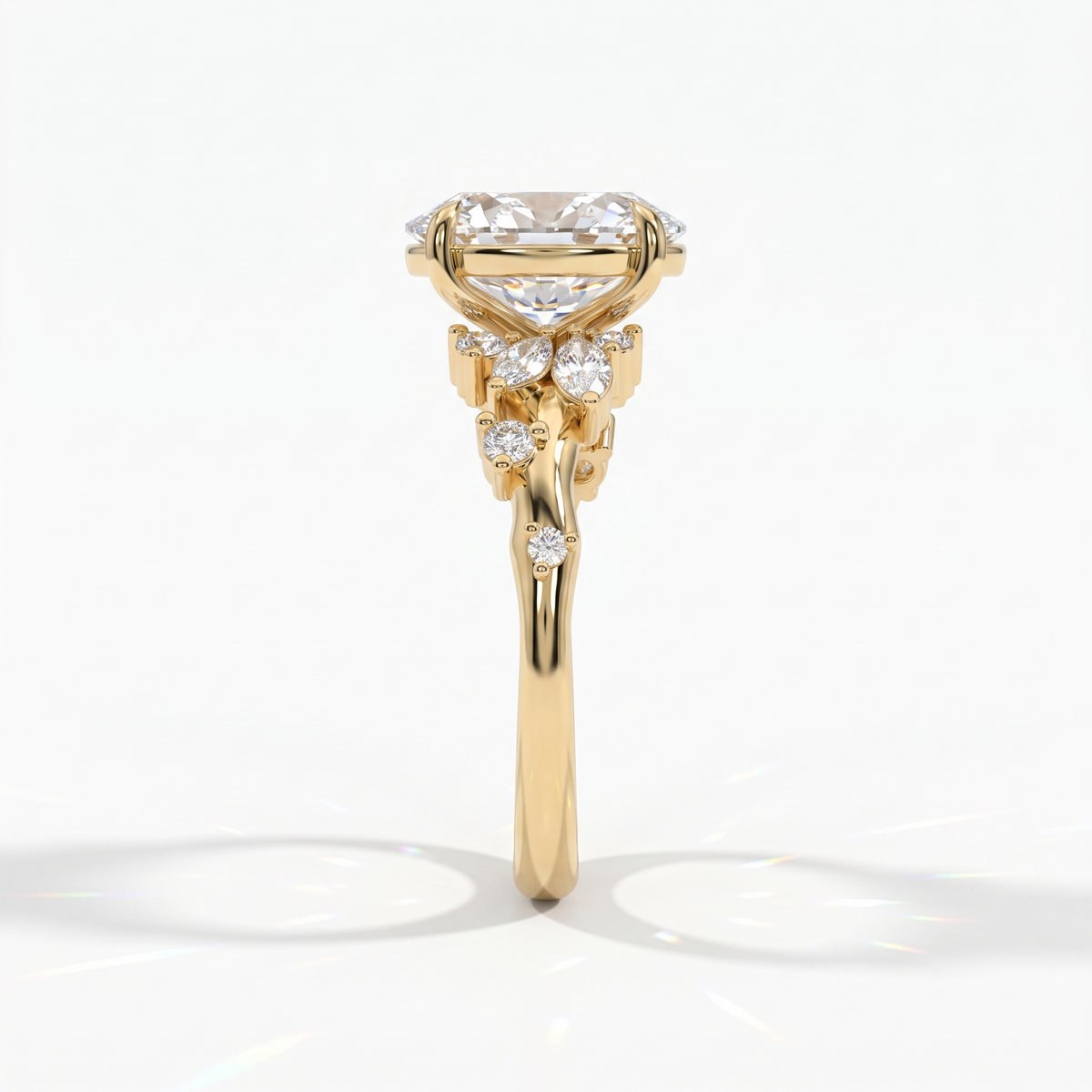 Oval lab-grown diamond cluster engagement ring with marquise and round leaf accents in 14K (585) yellow gold, side view 