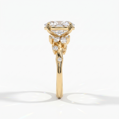 Oval lab-grown diamond cluster engagement ring with marquise and round leaf accents in 14K (585) yellow gold, side view 