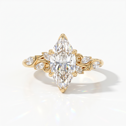 Marquise cut lab-grown diamond vine engagement ring with marquise leaf accents in 18K (750) yellow gold, front view 