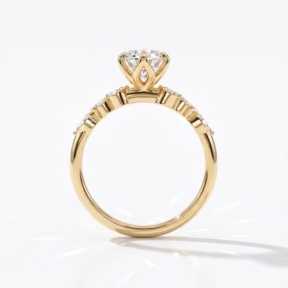 Marquise cut lab-grown diamond vine engagement ring with marquise leaf accents in 14K (585) yellow gold, upright profile view 