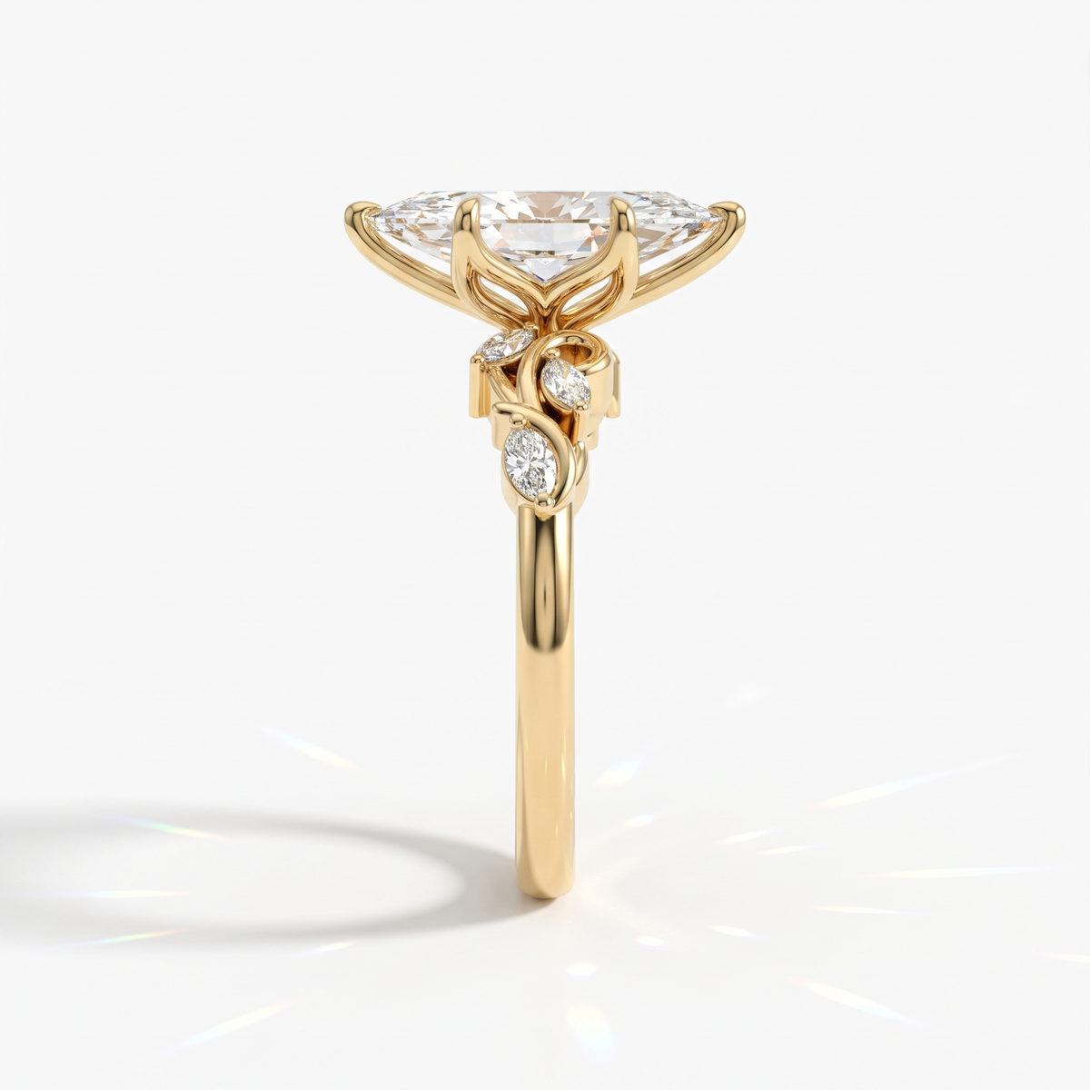 Marquise cut lab-grown diamond vine engagement ring with marquise leaf accents in 14K (585) yellow gold, side view 