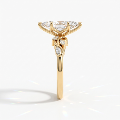 Marquise cut lab-grown diamond vine engagement ring with marquise leaf accents in 18K (750) yellow gold, side view 