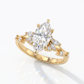 Marquise cut lab-grown diamond cluster engagement ring with marquise and round leaf accents in 14K (585) yellow gold, angled view 