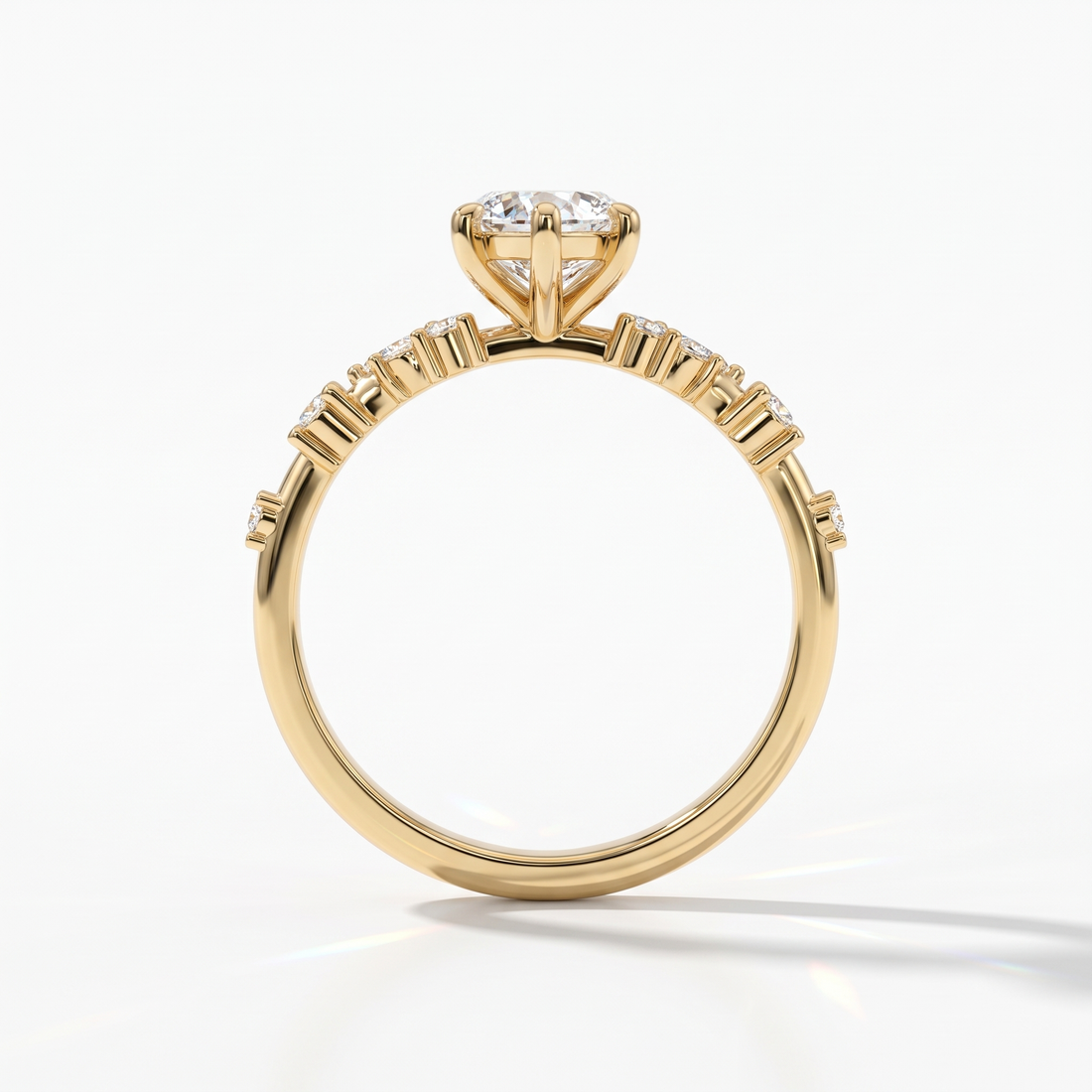 Marquise cut lab-grown diamond cluster engagement ring with marquise and round leaf accents in 14K (585) yellow gold, upright profile view 
