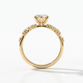 Marquise cut lab-grown diamond cluster engagement ring with marquise and round leaf accents in 14K (585) yellow gold, upright profile view 