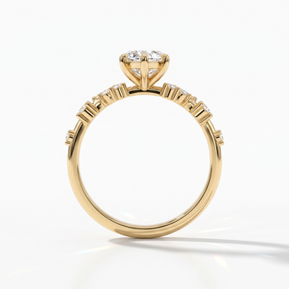 Marquise cut lab-grown diamond cluster engagement ring with marquise and round leaf accents in 14K (585) yellow gold, upright profile view 