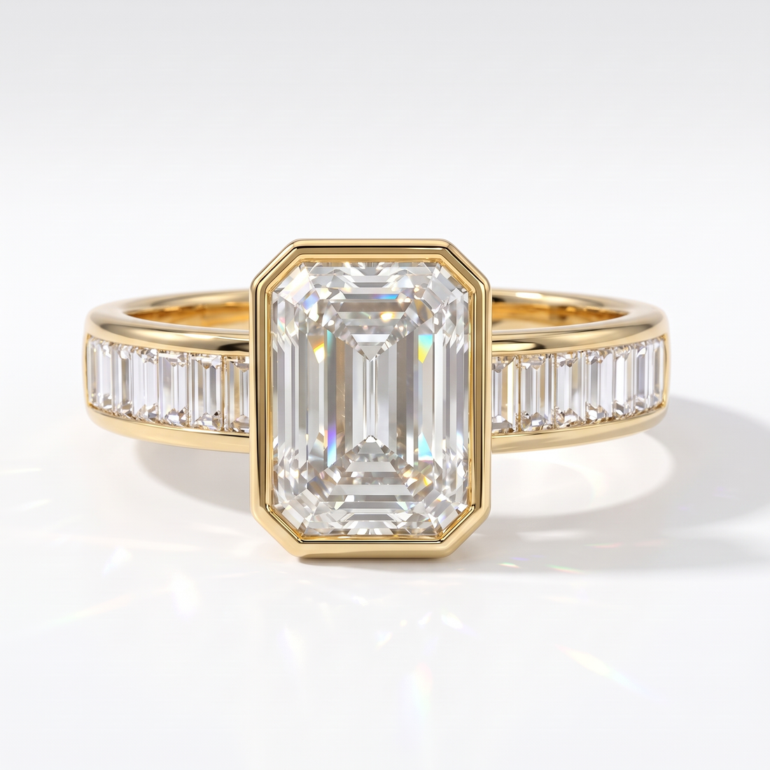 Emerald cut lab-grown diamond bezel engagement ring with channel-set baguette diamonds in 14K (585) yellow gold, front view 