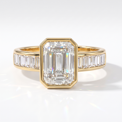 Emerald cut lab-grown diamond bezel engagement ring with channel-set baguette diamonds in 14K (585) yellow gold, front view 