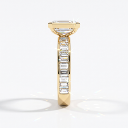 Emerald cut lab-grown diamond bezel engagement ring with channel-set baguette diamonds in 14K (585) yellow gold, side view 