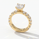 Asscher cut lab-grown diamond engagement ring with Asscher side stones in 14K (585) yellow gold, angled view 