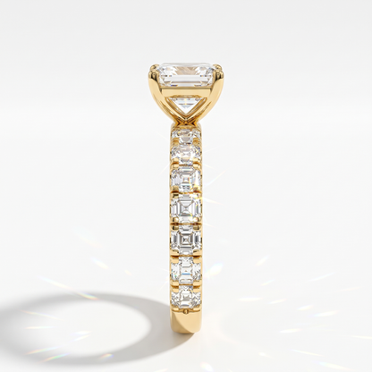 Asscher cut lab-grown diamond engagement ring with Asscher side stones in 14K (585) yellow gold, side view 
