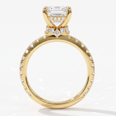 Emerald cut lab-grown diamond hidden halo collar engagement ring with pavé band in 14K (585) yellow gold, upright profile view 