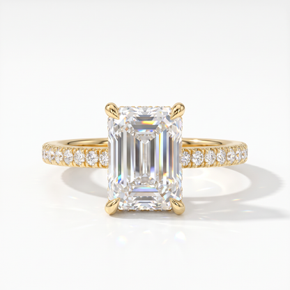 Emerald cut lab-grown diamond hidden halo engagement ring with pavé band in 18K (750) yellow gold, front view 