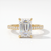 Emerald cut lab-grown diamond hidden halo engagement ring with pavé band in 14K (585) yellow gold, front view 