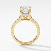 Emerald cut lab-grown diamond hidden halo engagement ring with pavé band in 18K (750) yellow gold, upright profile view 