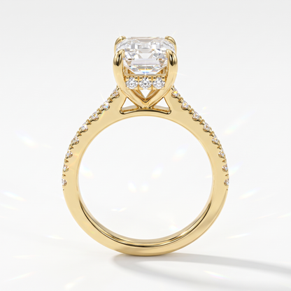 Emerald cut lab-grown diamond hidden halo engagement ring with pavé band in 18K (750) yellow gold, upright profile view 