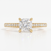 Square radiant cut lab-grown diamond engagement ring with pavé side stones in 14K (585) yellow gold, front view 