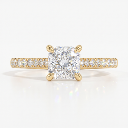 Square radiant cut lab-grown diamond engagement ring with pavé side stones in 18K (750) yellow gold, front view 