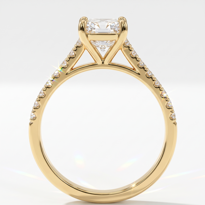 Square radiant cut lab-grown diamond engagement ring with pavé side stones in 14K (585) yellow gold, upright profile view 