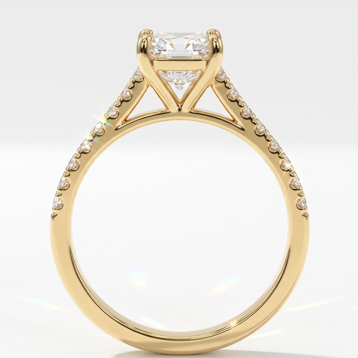 Square radiant cut lab-grown diamond engagement ring with pavé side stones in 18K (750) yellow gold, upright profile view 