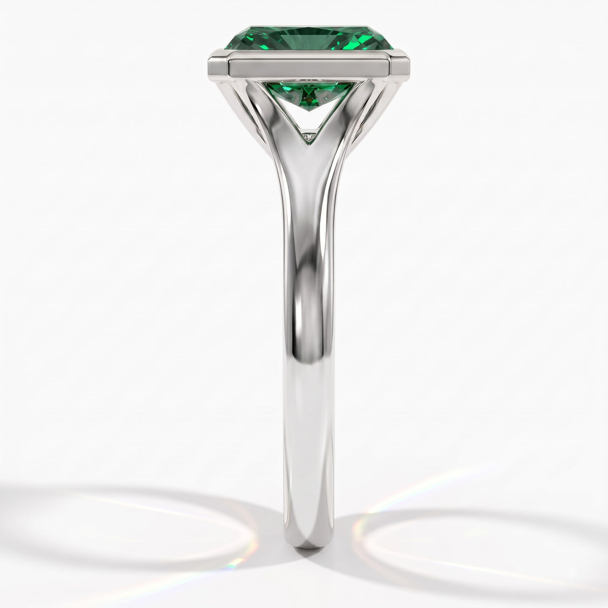 Fancy Vivid Green radiant lab-grown diamond bezel ring in 14K (585) white gold, angled view 