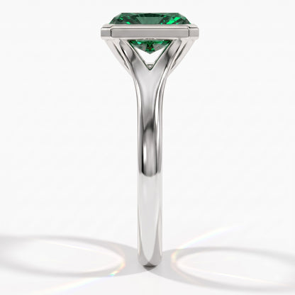 Fancy Vivid Green radiant lab-grown diamond bezel ring in 14K (585) white gold, angled view 