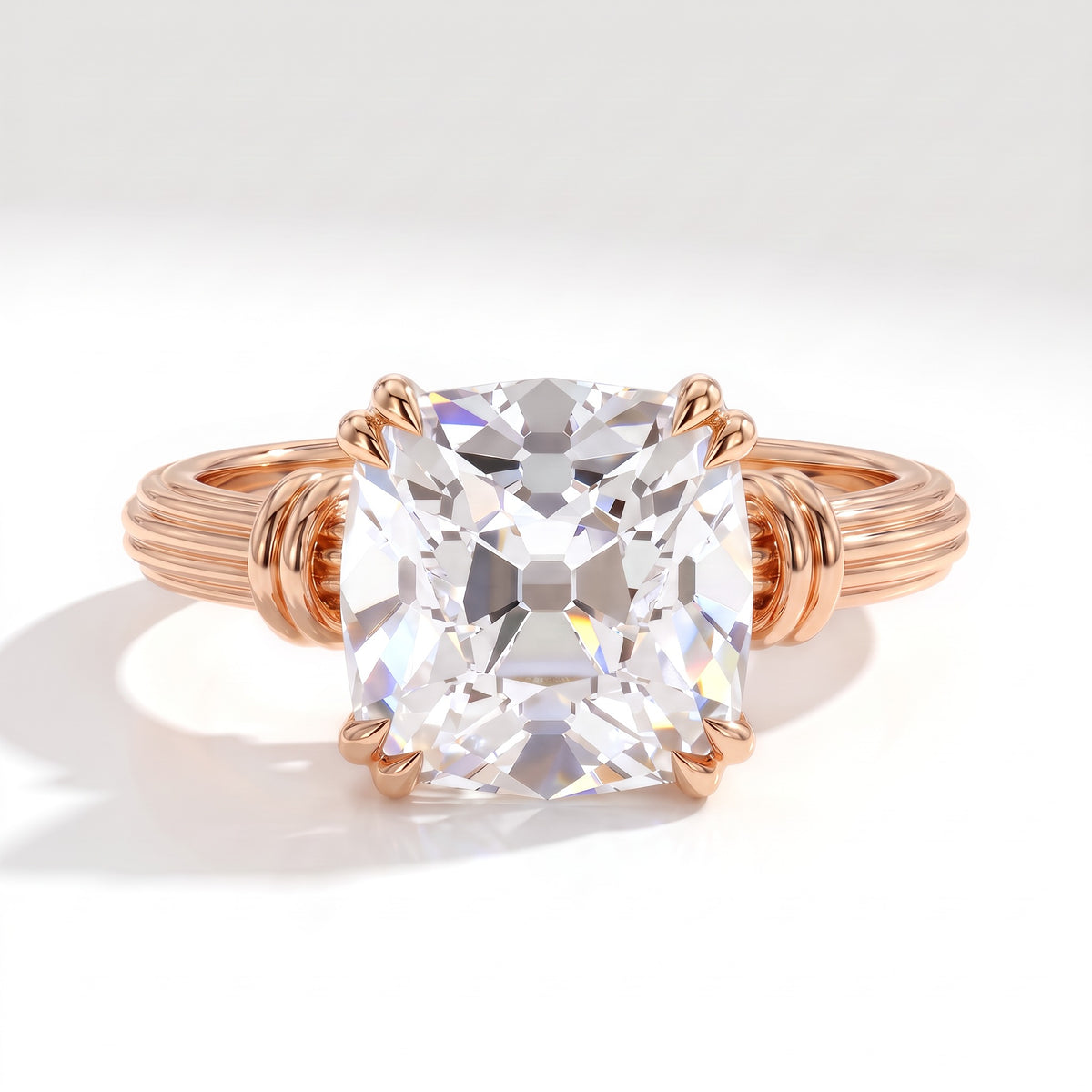 Old mine cushion lab-grown diamond vintage solitaire engagement ring with fluted band in 14K (585) rose gold, front view 