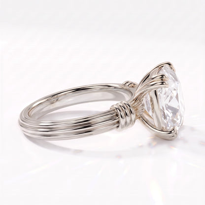 Old mine cushion lab-grown diamond vintage solitaire engagement ring with fluted band in 14K (585) white gold, side view showing the fluted band and wrapped shoulders 