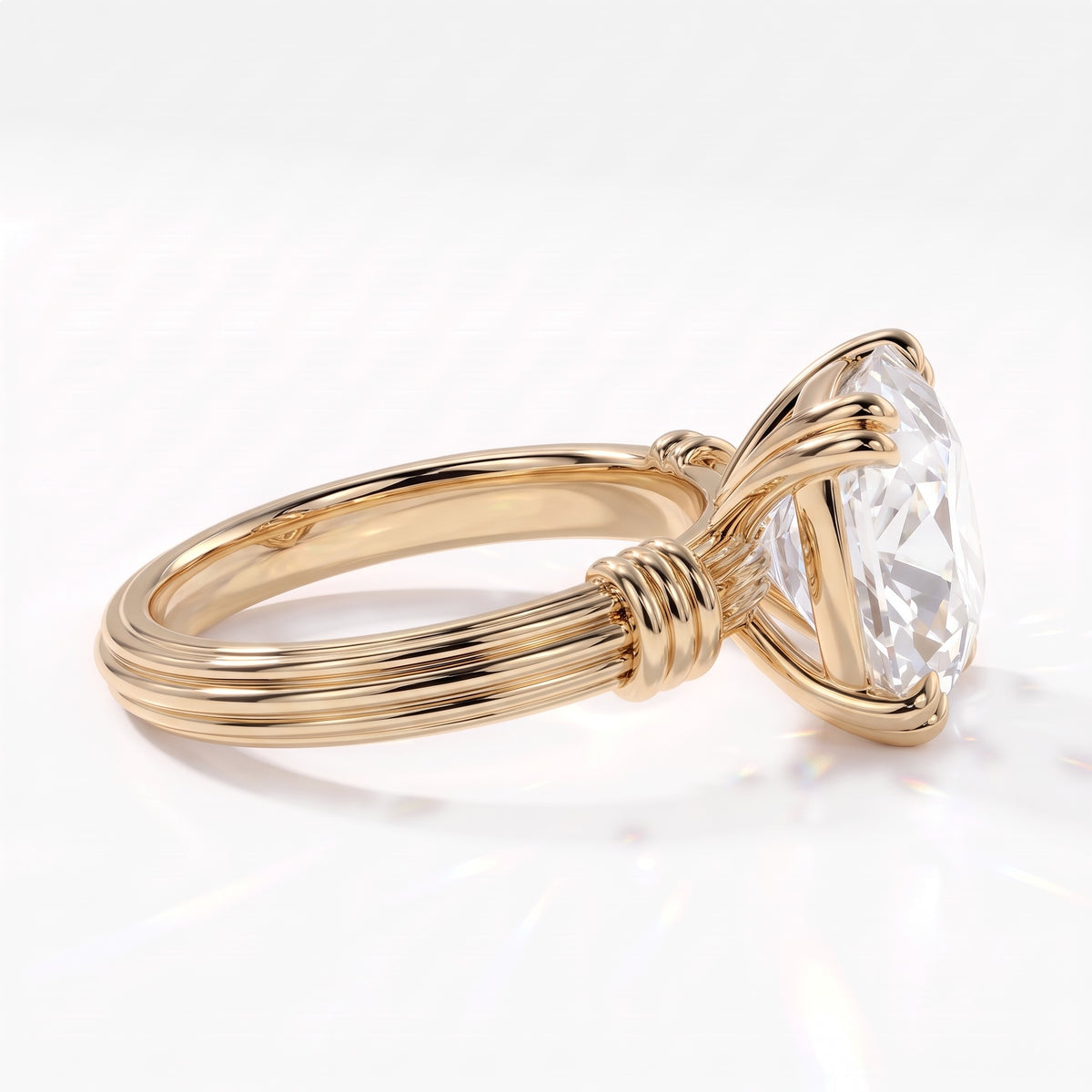 Old mine cushion lab-grown diamond vintage solitaire engagement ring with fluted band in 14K (585) yellow gold, side view showing the fluted band and wrapped shoulders 