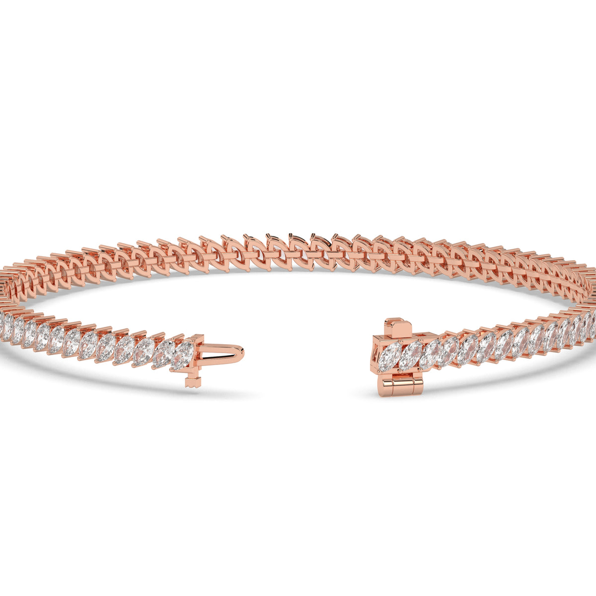 Aline Tennisarmband mit Labordiamanten im Marquiseschliff (schräg gesetzt) aus 585 Roségold, Verschluss geöffnet, Detailansicht 