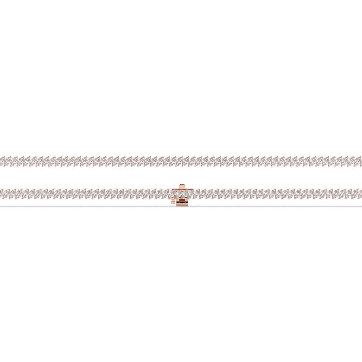 Aline Tennisarmband mit Labordiamanten im Marquiseschliff (schräg gesetzt) aus 585 Roségold, flach liegend, volle Länge 