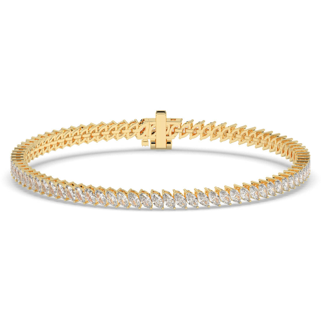 Aline Tennisarmband mit Labordiamanten im Marquiseschliff (schräg gesetzt) aus 585 Gelbgold, Vorderansicht 